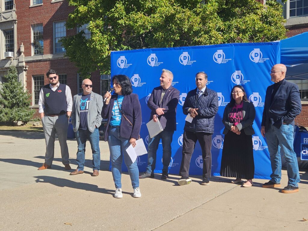 Chair Hernandez speaking at DPI's Get Out the Vote rally at Illinois State University. 